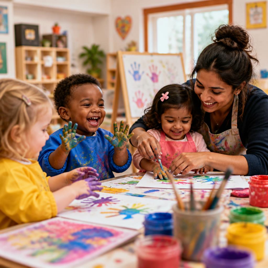 Toddlers finger painting with a caregiver helping them