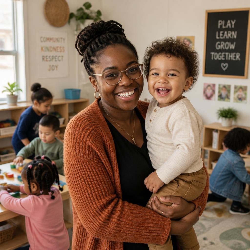 Smiling caregiver holding a laughing toddler in a bright classroom