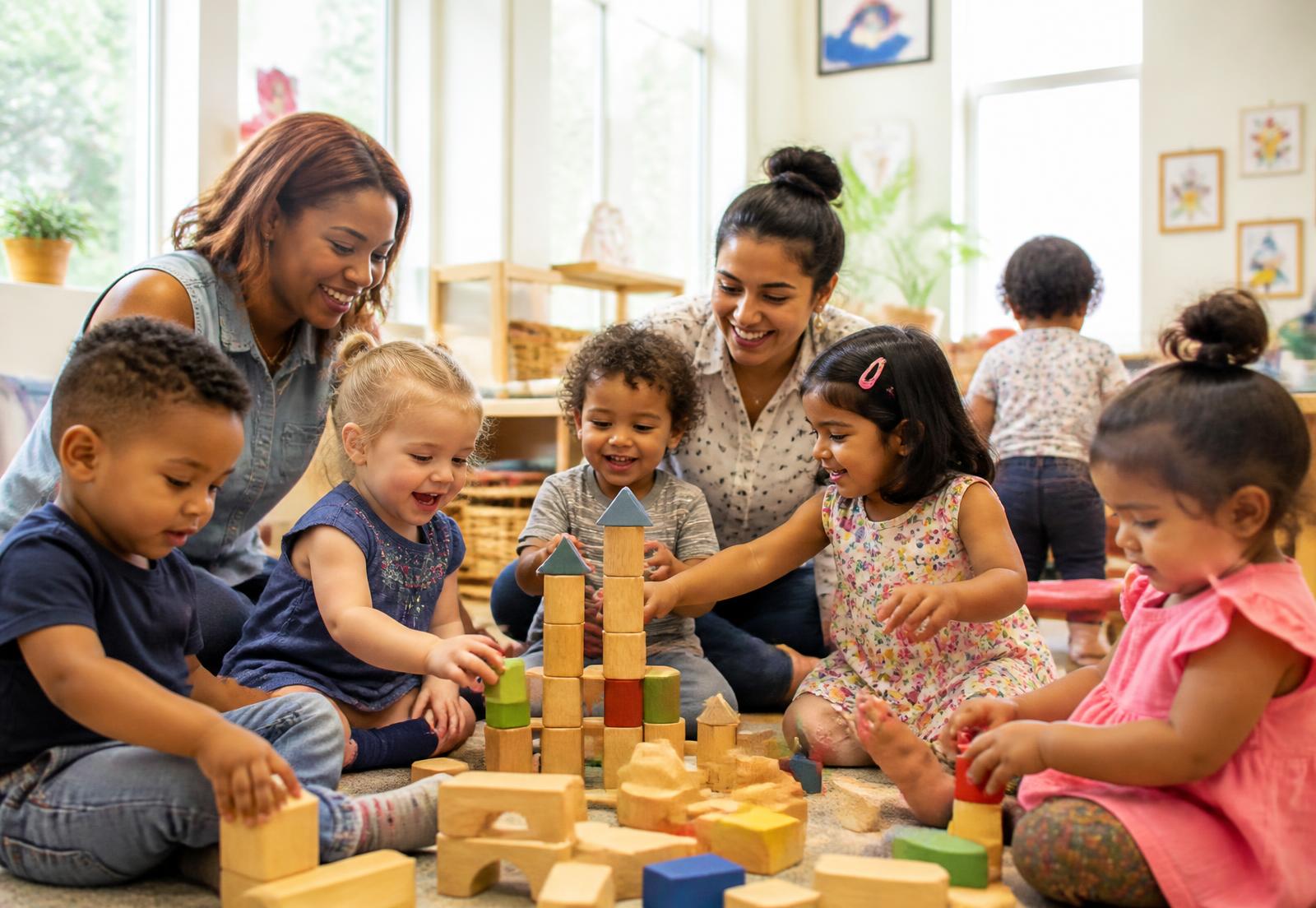 Caregivers and toddlers of many races playing with wooden blocks in a sunny playroom