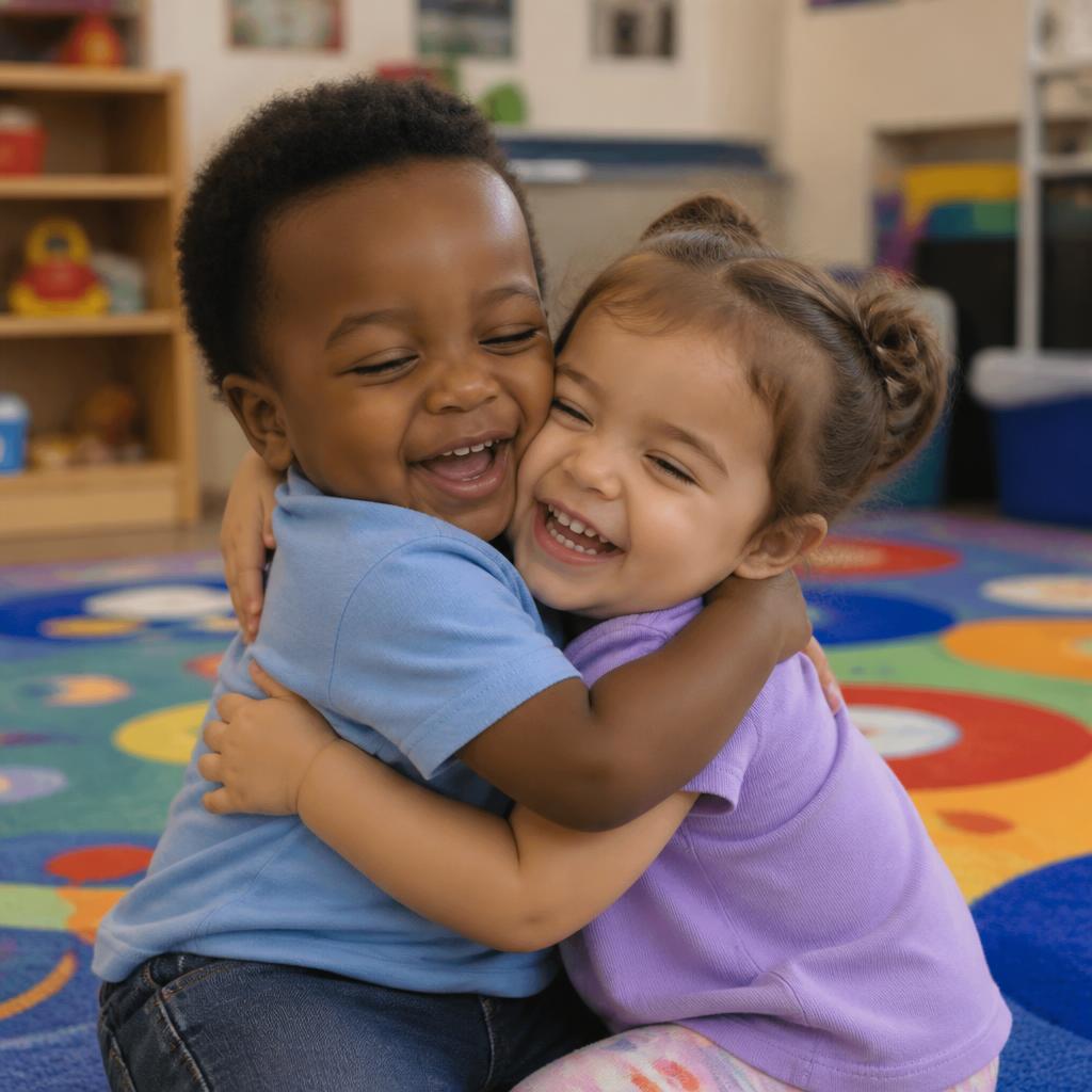Two toddlers hugging and giggling together on a colorful play carpet