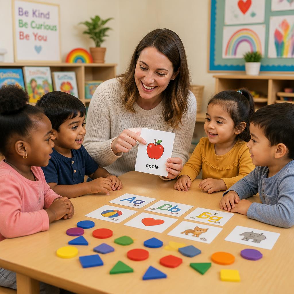 Caregiver teaching letters to children of different races at a table
