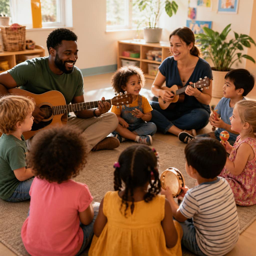 Two caregivers playing music instruments with a circle of happy children