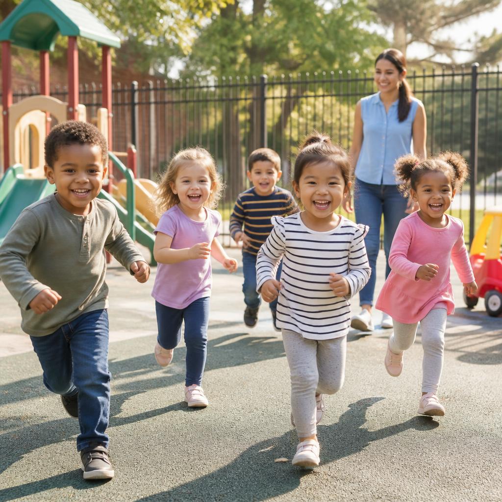 Children of many backgrounds running and laughing on a fenced playground