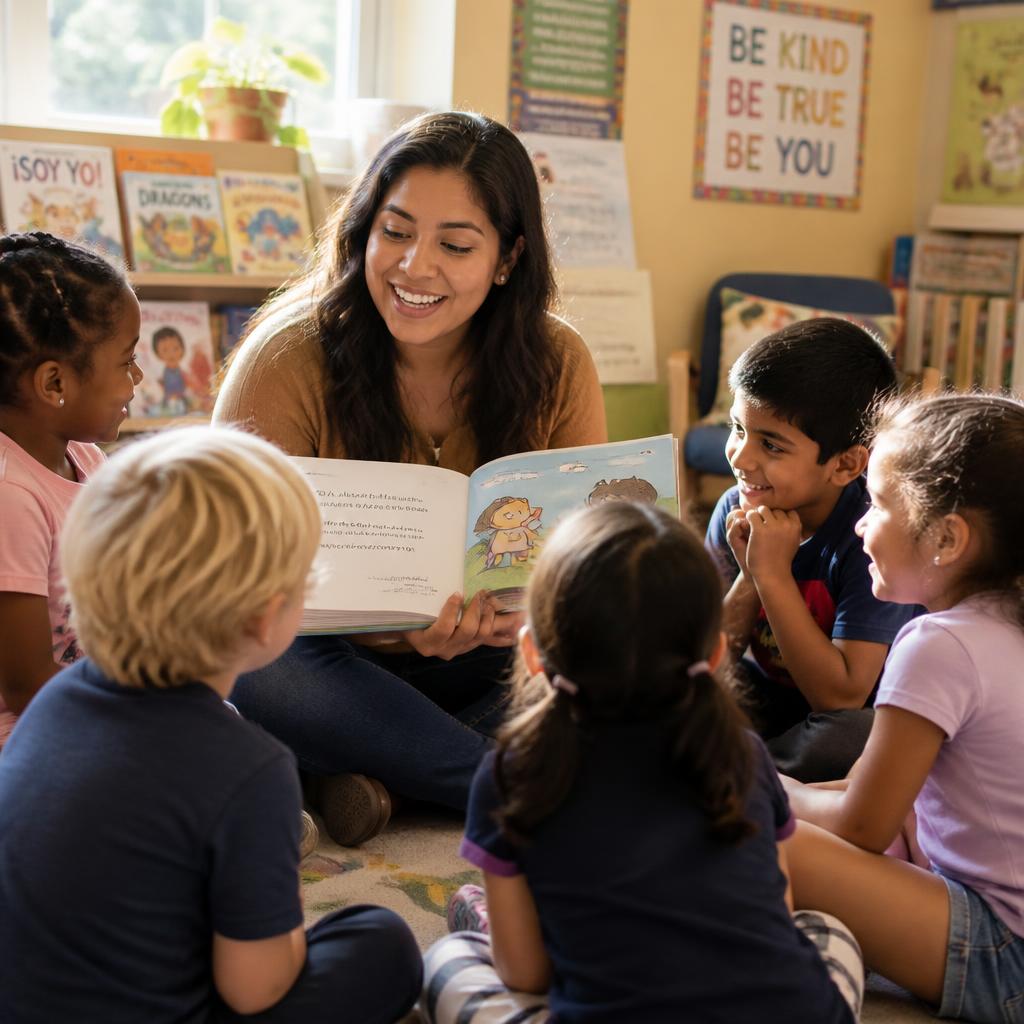 Teacher reading a picture book to a circle of children of different races